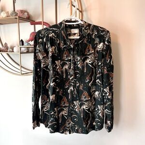 Green and Brown Patterned Shirt - Frank and Oak tie front blouse